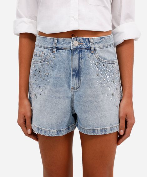 short mom feminino jeans com brilhos azul