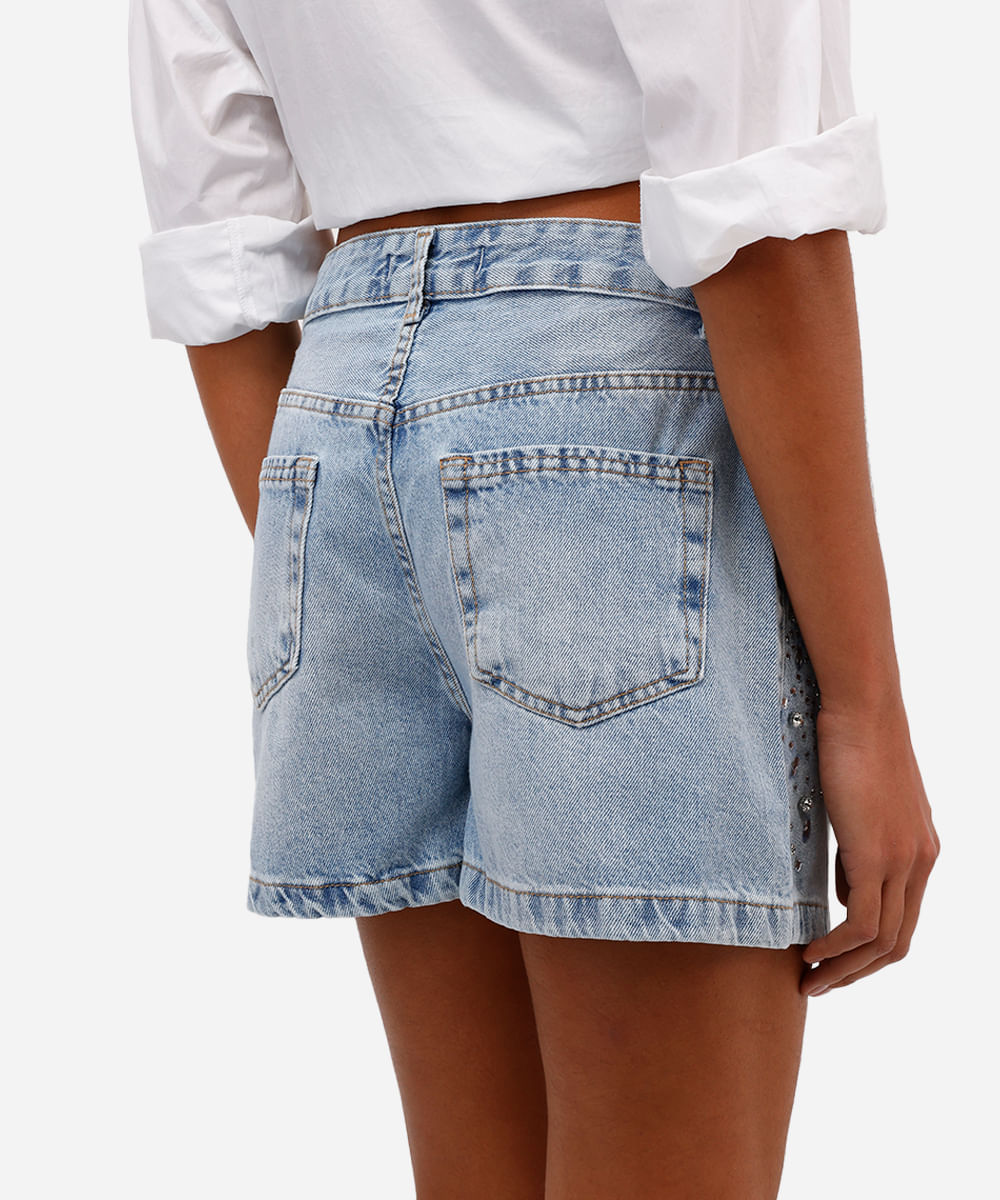 short mom feminino jeans com brilhos azul