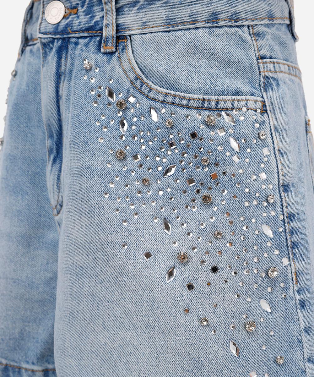 short mom feminino jeans com brilhos azul