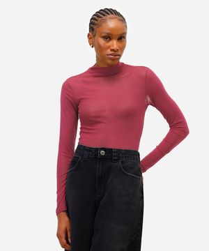 blusa feminina de tule gola alta manga longa vinho