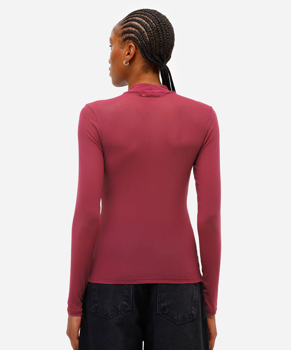 blusa feminina de tule gola alta manga longa vinho