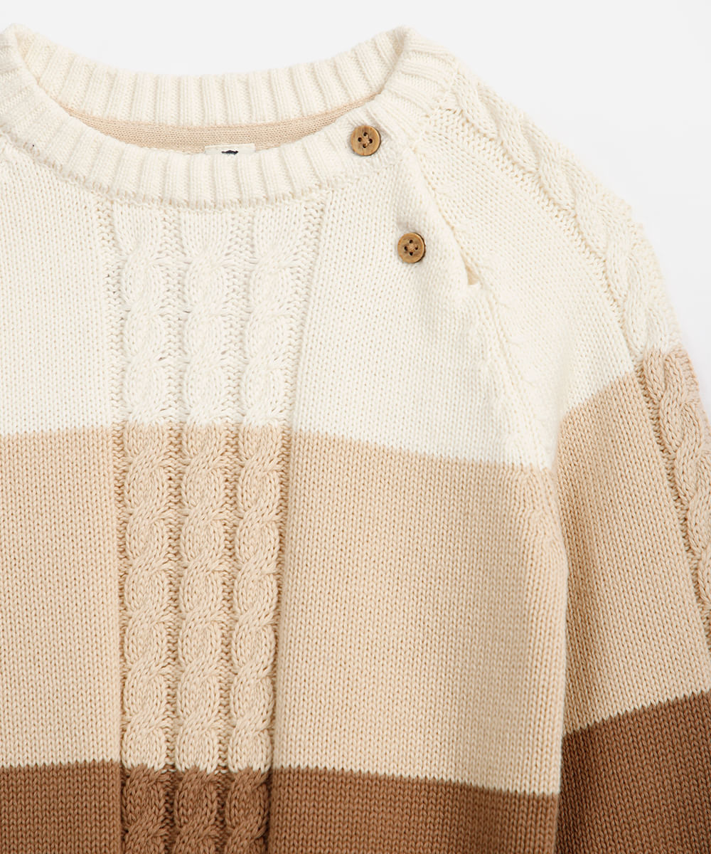 suéter de tricot infantil texturizado e listrado bege
