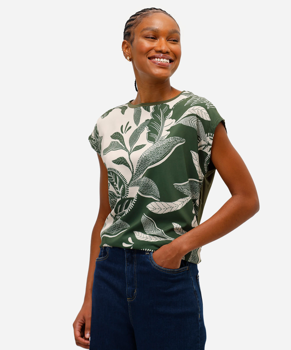 blusa feminina de viscose folhagens verde