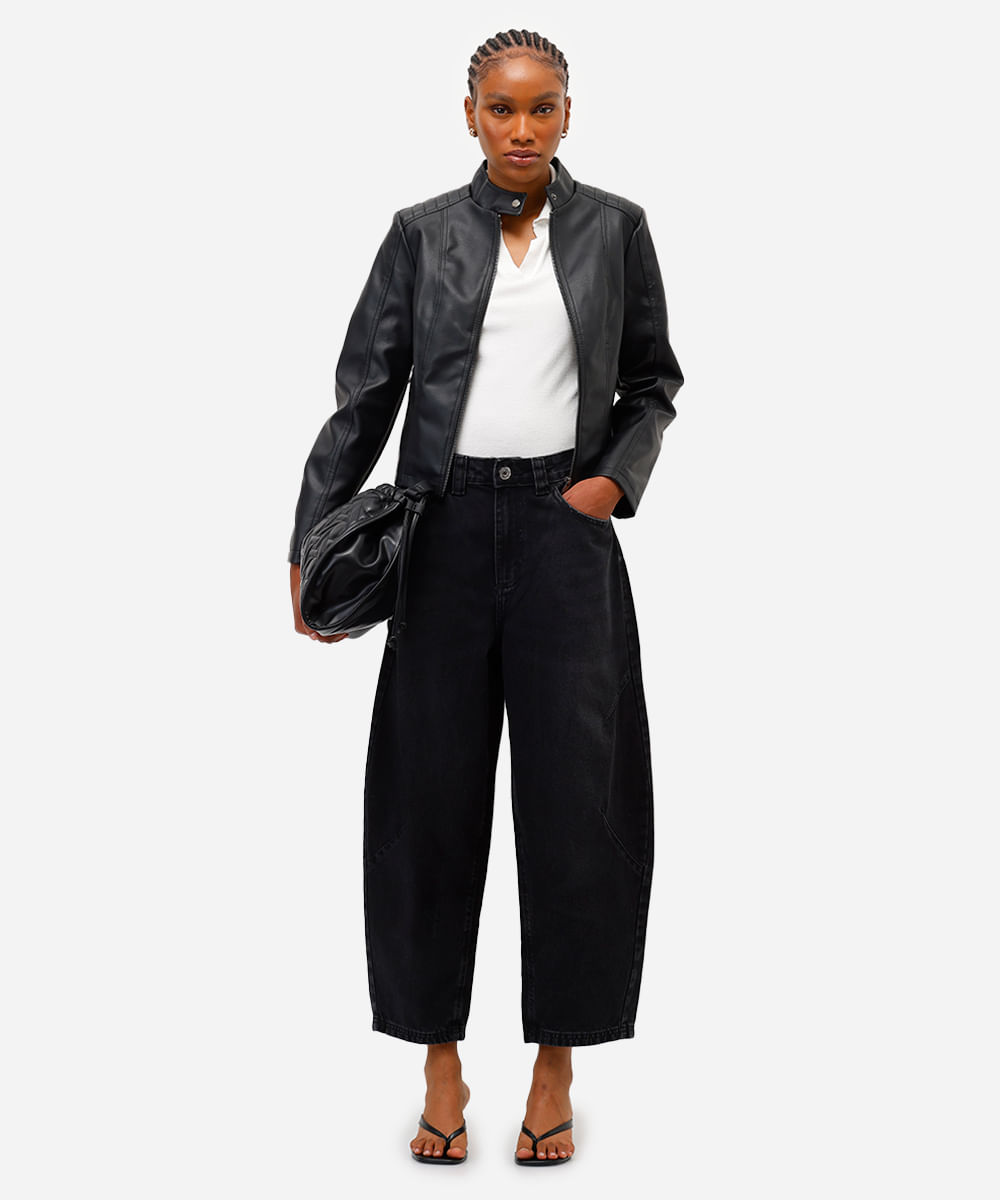 calça barrel feminina jeans  cintura alta preta