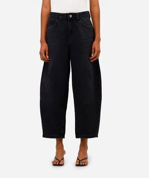 calça barrel feminina jeans  cintura alta preta