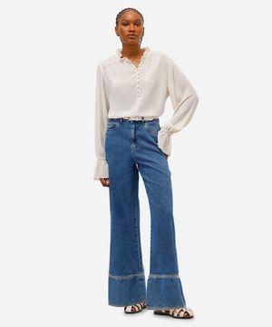 calça wide leg feminina jeans com bordados azul