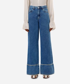 calça wide leg feminina jeans com bordados azul