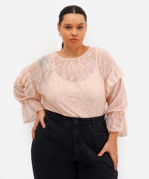 blusa feminina de renda floral com babado plus size rosa