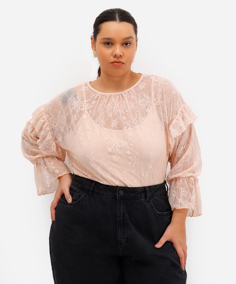 blusa feminina de renda floral com babado plus size rosa