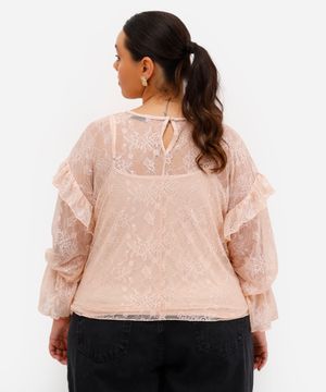 blusa feminina de renda floral com babado plus size rosa