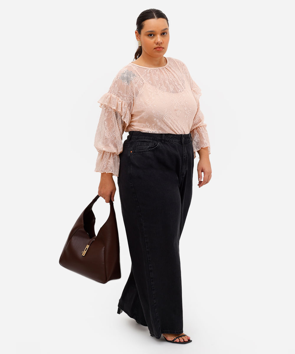 blusa feminina de renda floral com babado plus size rosa