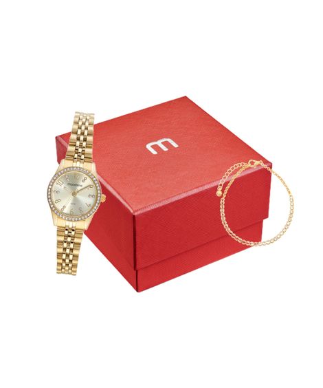 kit relógio feminino mondaine 32803lpmvde1kf analógico dourado