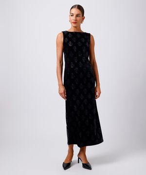 vestido midi feminino de veludo floral mindset preto