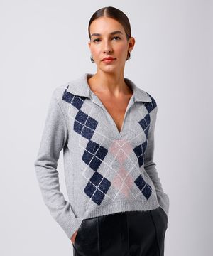 suéter feminino de tricot gola clássica xadrez mindset cinza