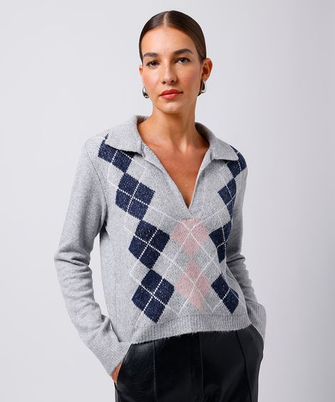 suéter feminino de tricot gola clássica xadrez mindset cinza