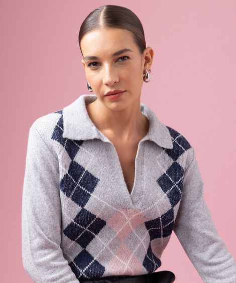 suéter feminino de tricot gola clássica xadrez mindset cinza