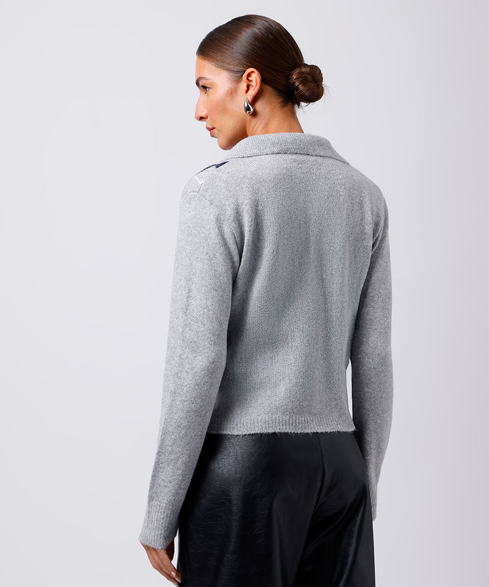 suéter feminino de tricot gola clássica xadrez mindset cinza