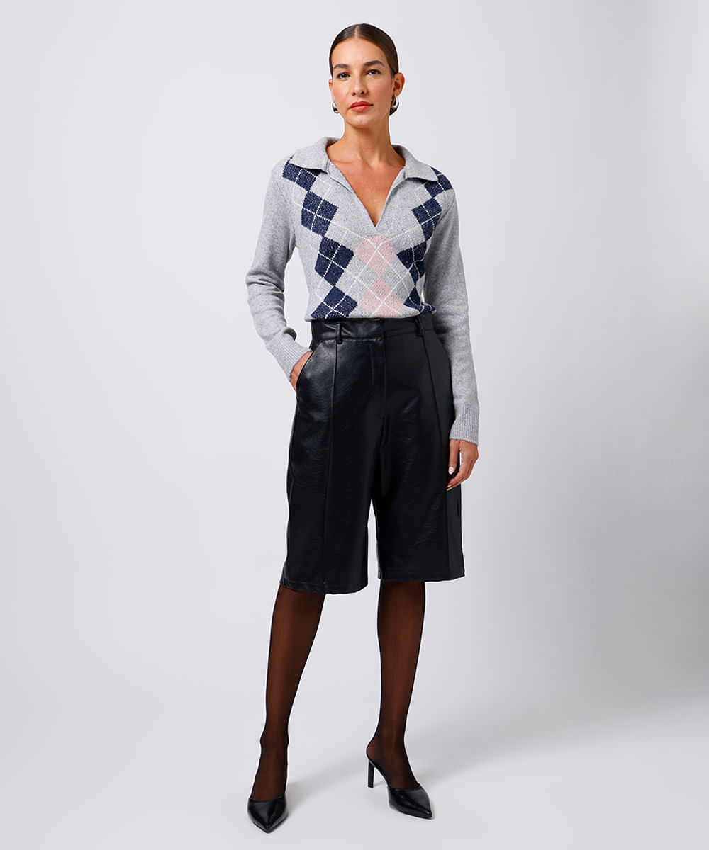 suéter feminino de tricot gola clássica xadrez mindset cinza
