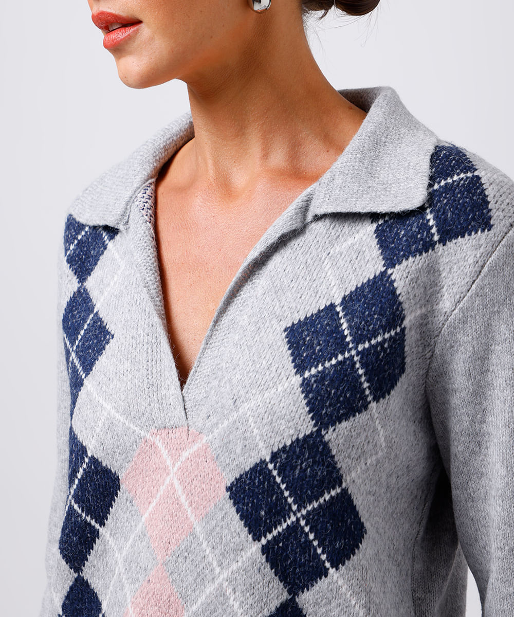 suéter feminino de tricot gola clássica xadrez mindset cinza