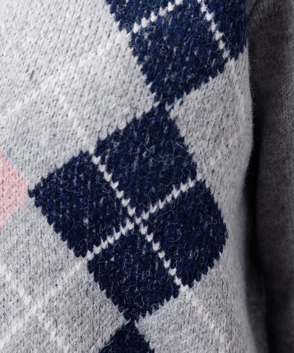 suéter feminino de tricot gola clássica xadrez mindset cinza