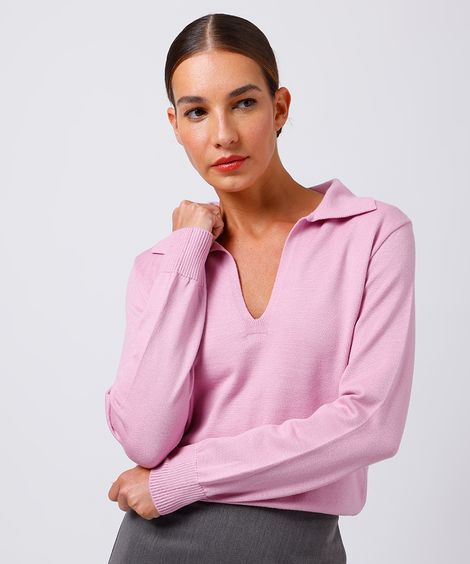 polo feminina de tricot gola v manga longa mindset rosa