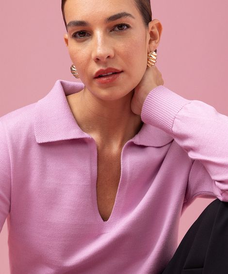 polo feminina de tricot gola v manga longa mindset rosa