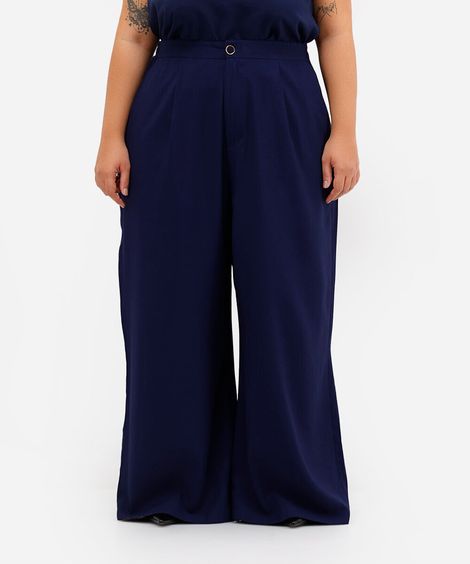 calça de alfaiataria feminina com pregas plus size azul