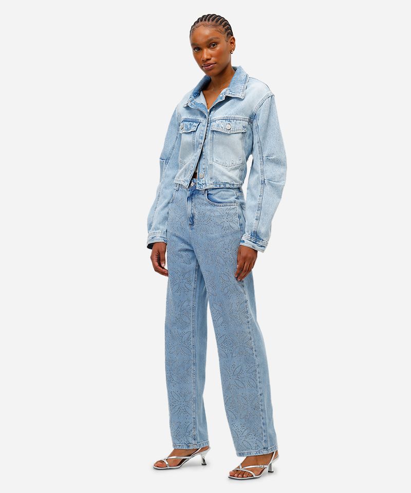 calça wide leg feminina jeans com brilhos azul