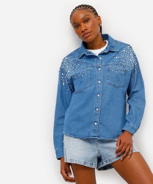 camisa jeans feminina com brilhos manga longa azul