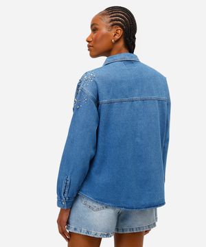 camisa jeans feminina com brilhos manga longa azul