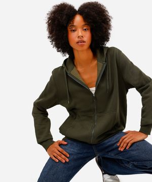 blusão básico feminino de moletom com capuz verde