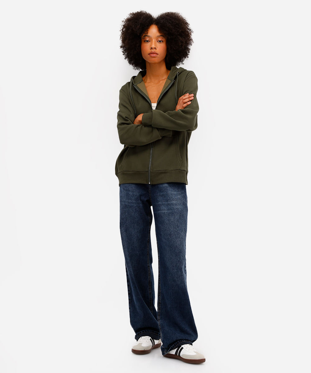 blusão básico feminino de moletom com capuz verde