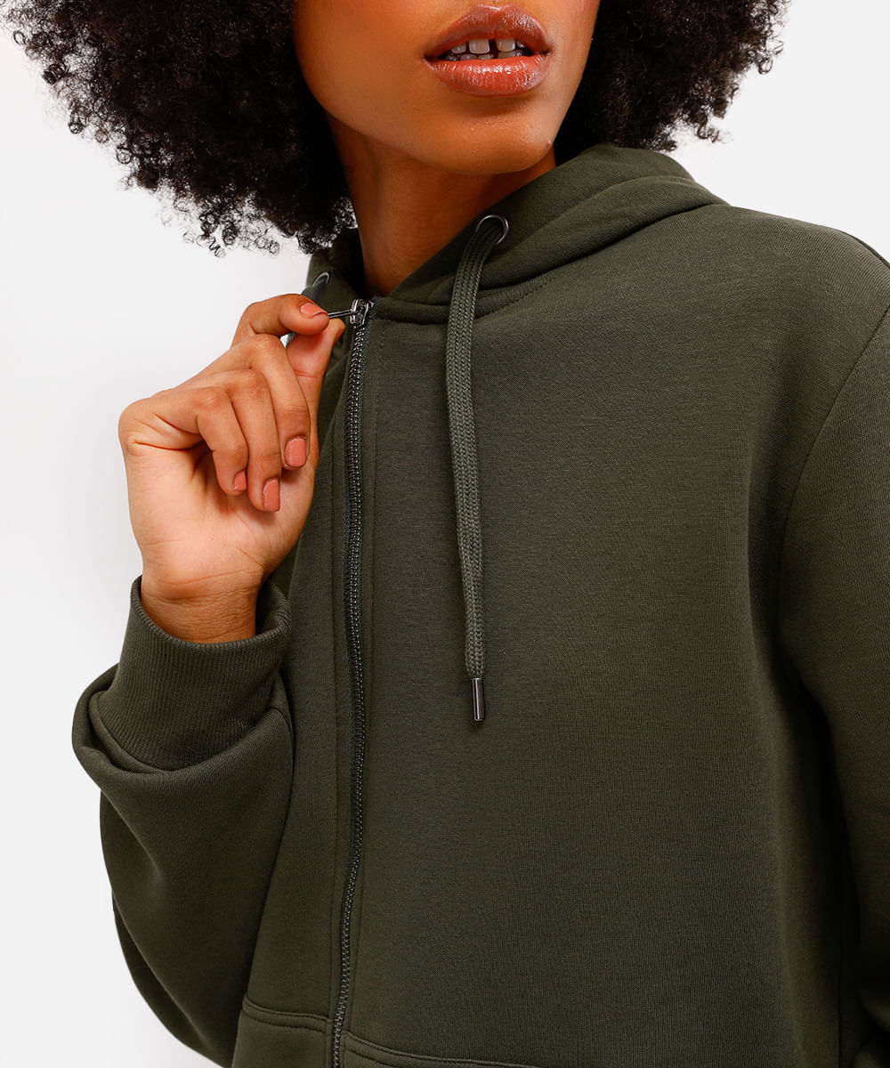blusão básico feminino de moletom com capuz verde