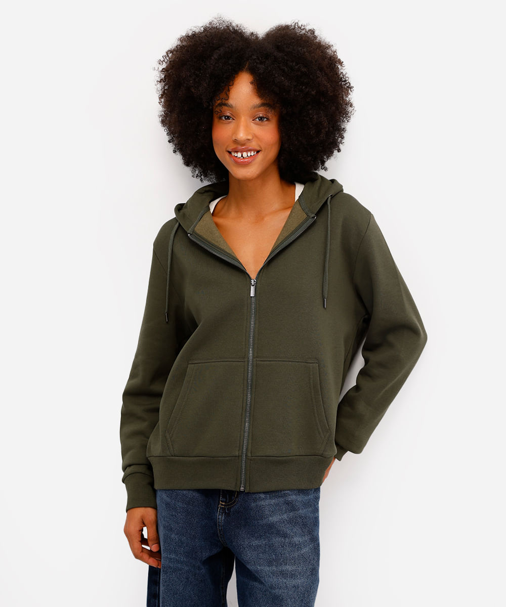 blusão básico feminino de moletom com capuz verde