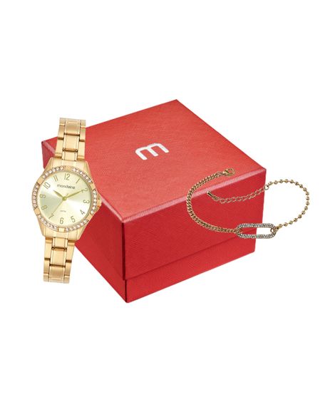 kit relógio feminino mondaine 32772lpmvde1kc analógico dourado