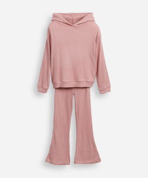 conjunto infantil longo de viscose canelado com capuz rosa