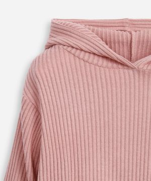 conjunto infantil longo de viscose canelado com capuz rosa