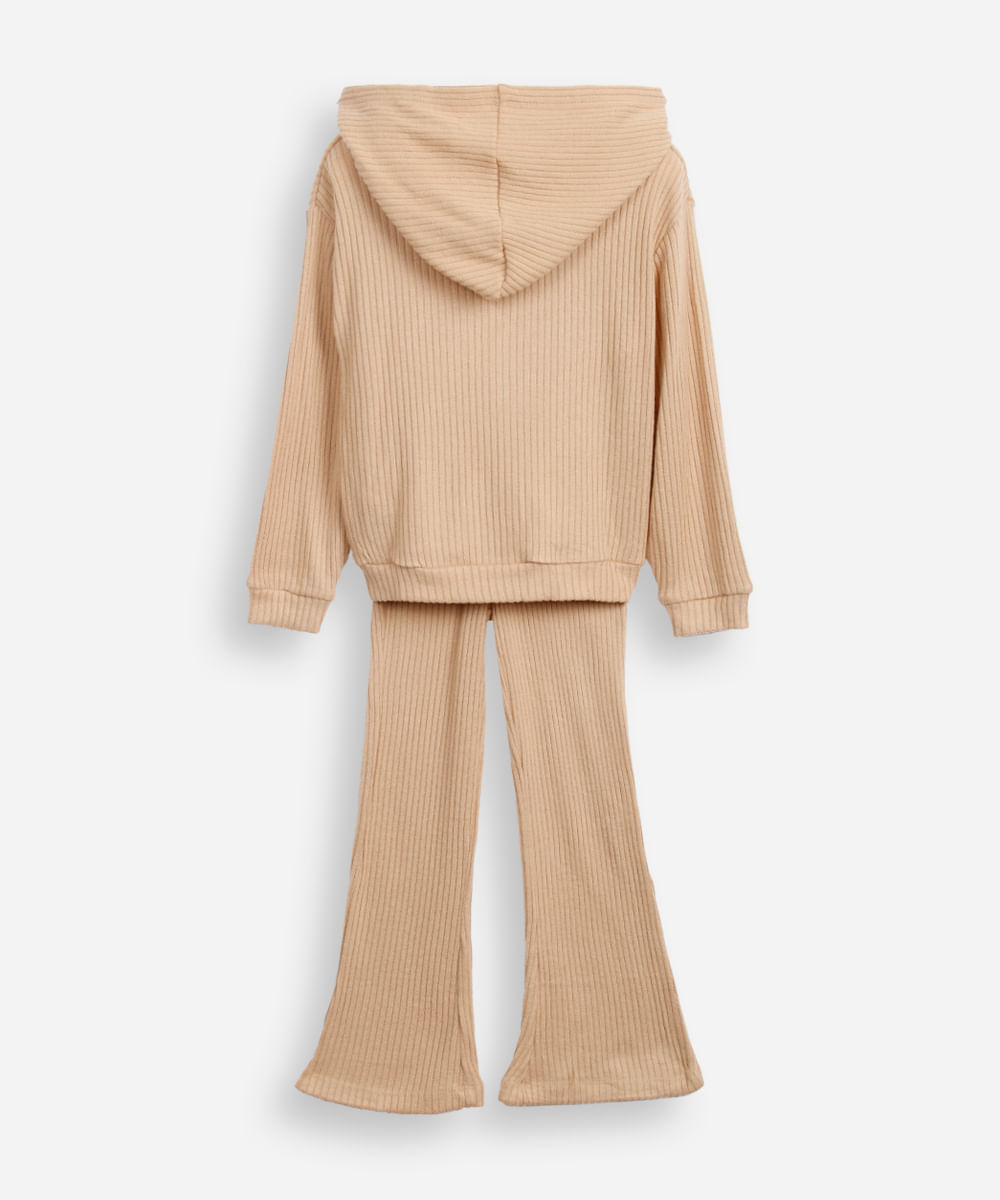 conjunto infantil longo de viscose canelado com capuz marrom