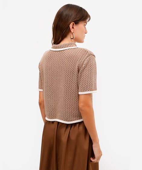 polo feminina de tricot com laço bicolor bege