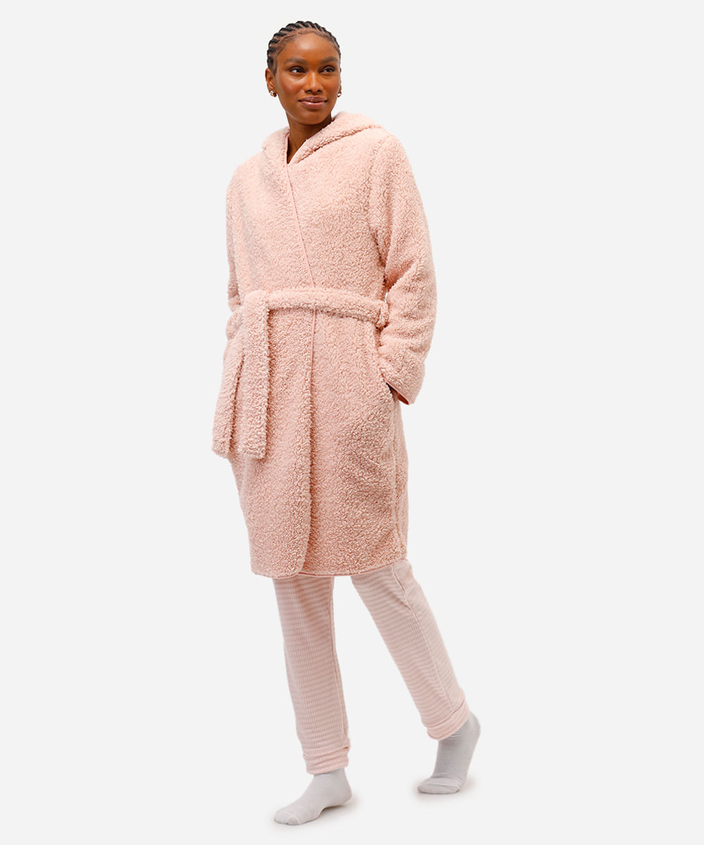 roupão feminino de sherpa com capuz rosa
