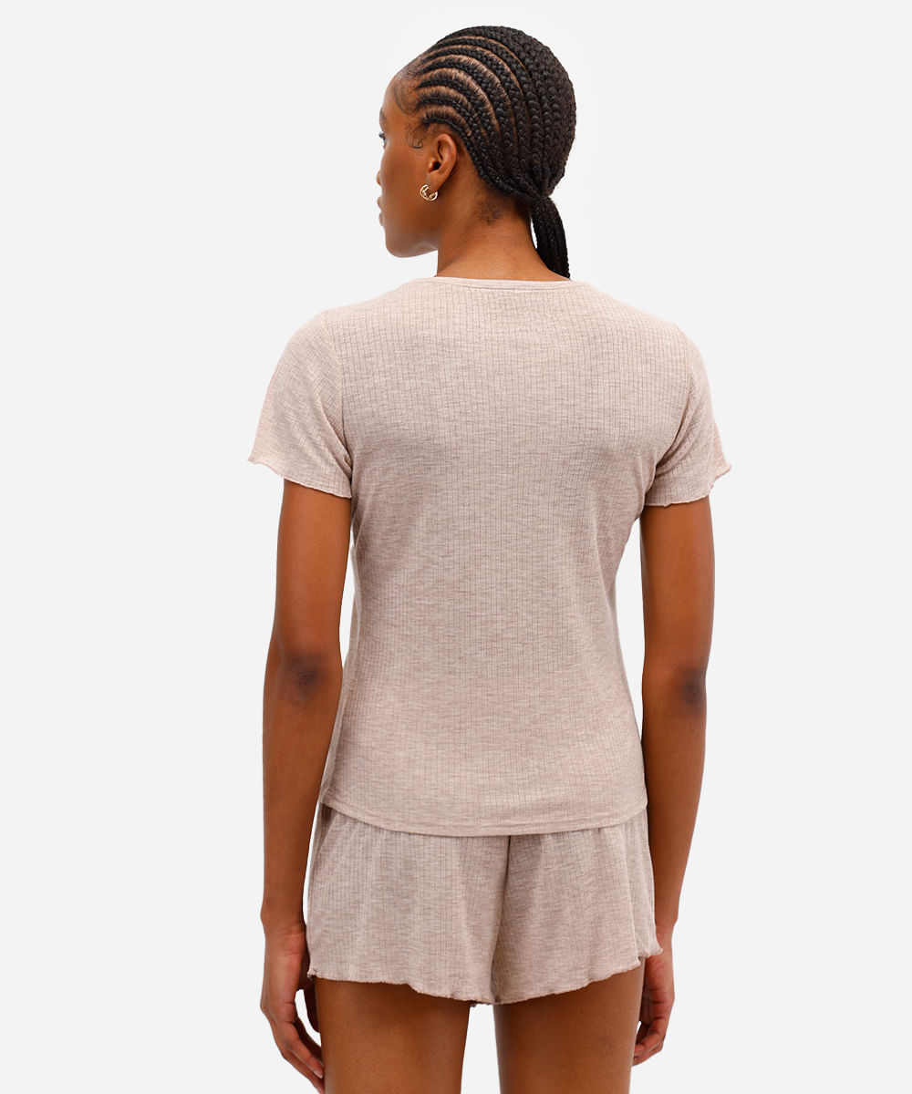 pijama short doll feminino canelado bege