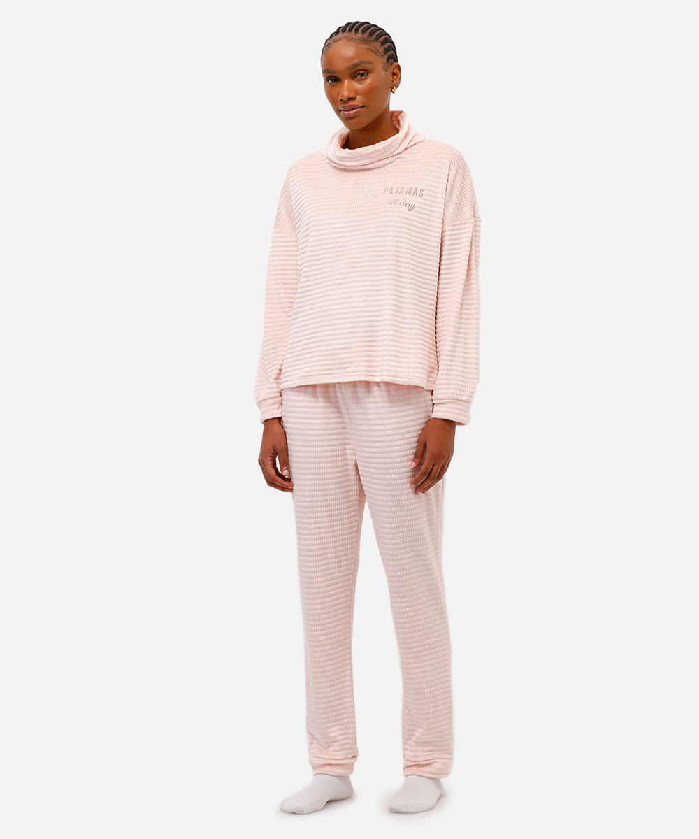 pijama de fleece longo texturizado e bordado rosa