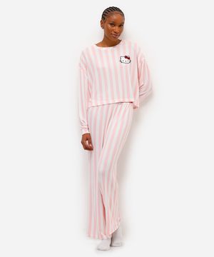 pijama longo feminino hello kitty listrado rosa