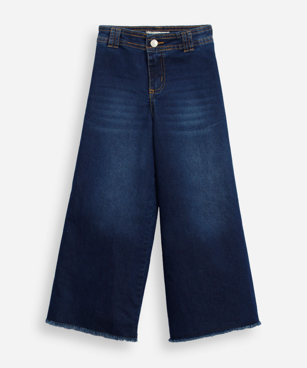 calça wide leg infantil jeans barra desfiada azul