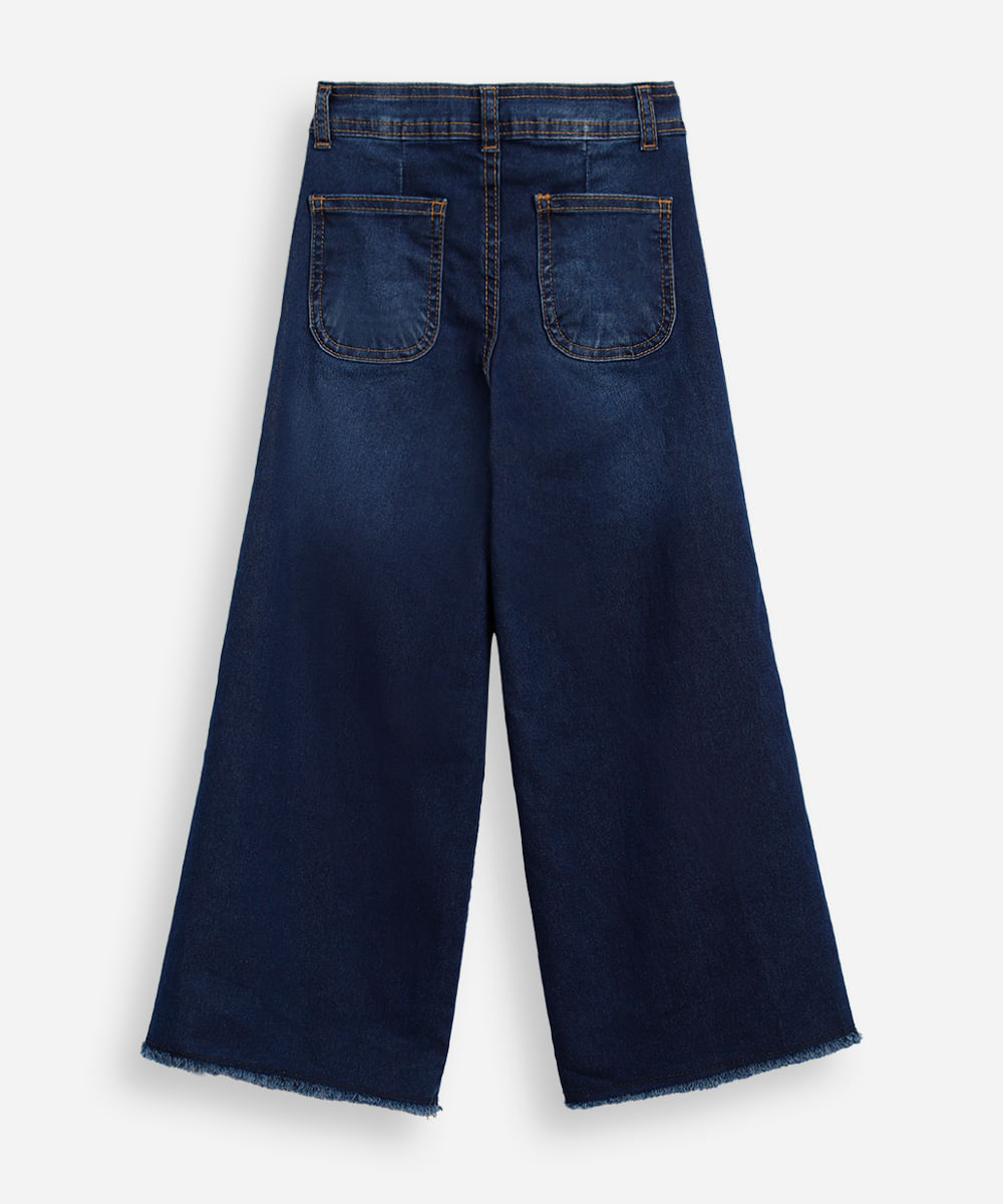 calça wide leg infantil jeans barra desfiada azul