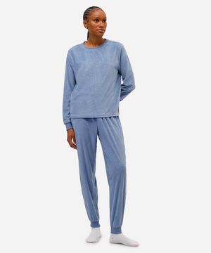 pijama longo feminino de plush estrelas azul