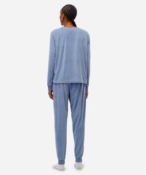 pijama longo feminino de plush estrelas azul