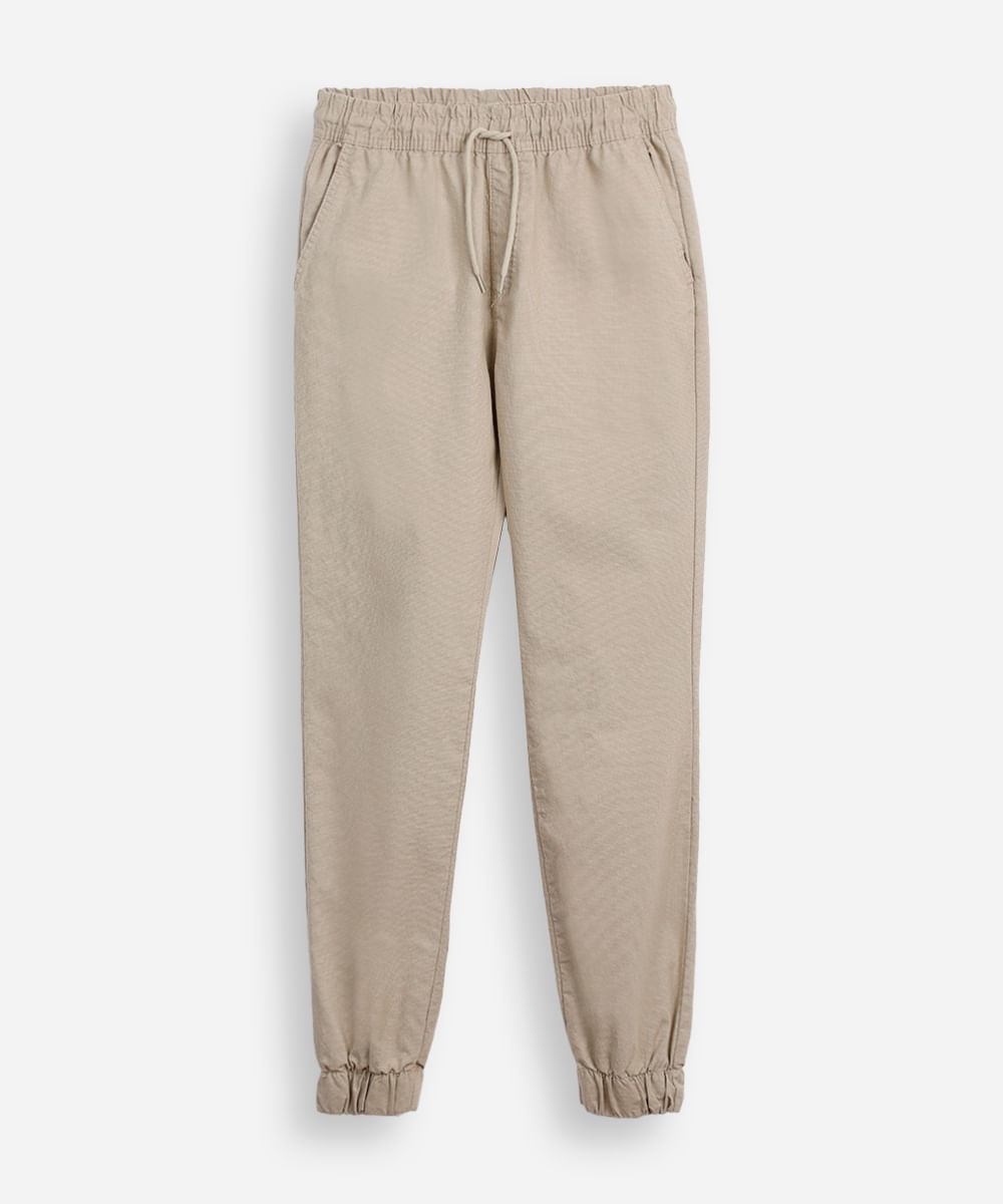 calça jogger juvenil de sarja cós com elástico bege