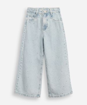 calça wide leg infantil jeans com brilhos azul