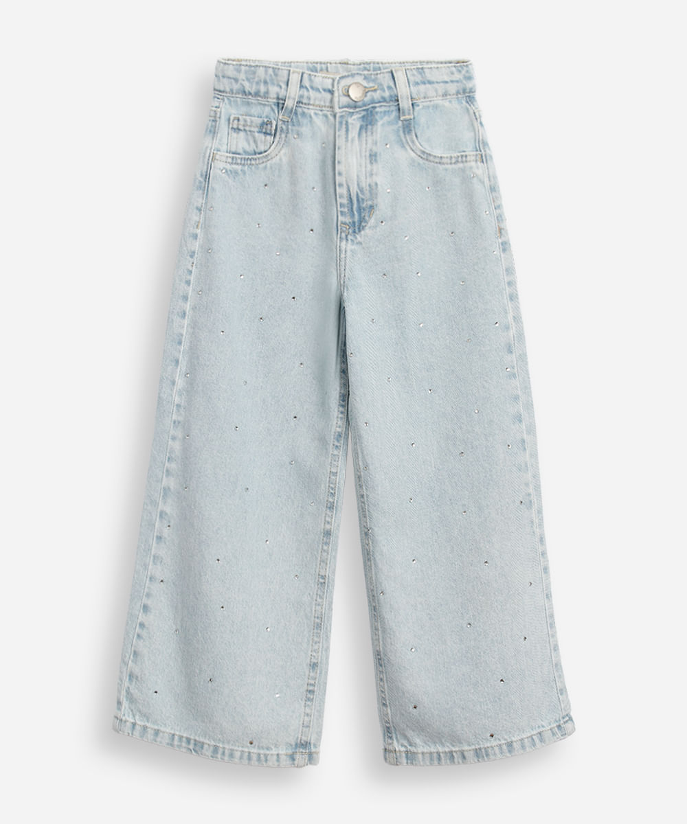 calça wide leg infantil jeans com brilhos azul
